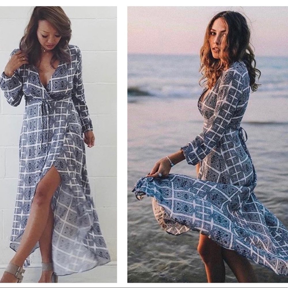 XIX Palms Blue Spell Faux-Wrap Maxi Dress